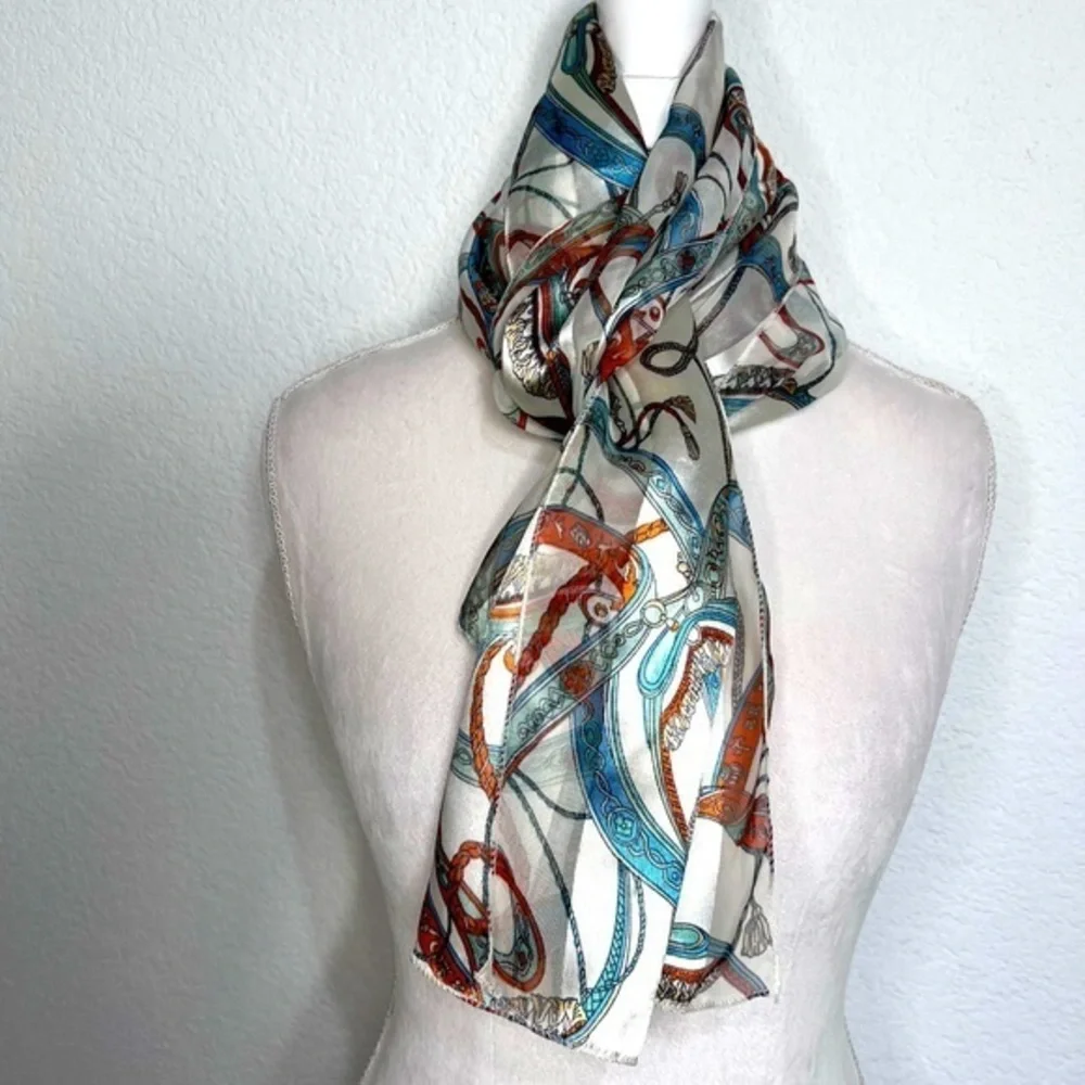 Satin & Sheer Ivory Rust & Blue Printed Scarf Ascot Hair Wrap